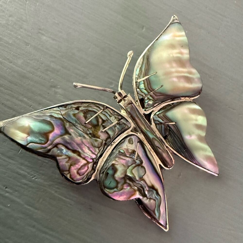925 Sterling Silver Abalone Mexico Butterfly Pin Brooch VINTAGE - Picture 3 of 8